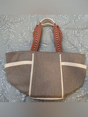 Draper James Canvas Tote Bag with Orange Patterned Straps - Neutral Greige